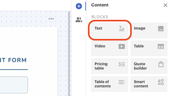 Content editor interface showing options for adding text, image, video, table, and more. Text block option highlighted.