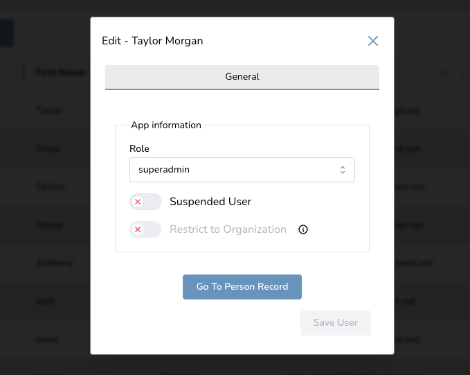 User role editing interface showing options for superadmin, suspended user, and organization restriction.