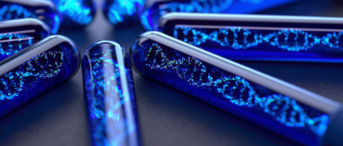 Home Paternity Test Close-up of blue test tubes with glowing DNA strands inside, arranged in a circular pattern on a dark surface.