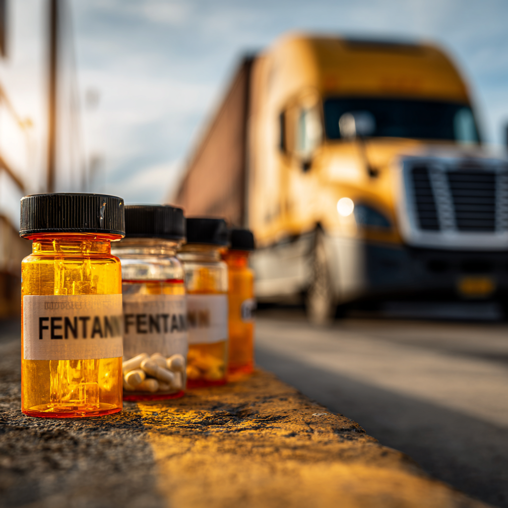 Fentanyl Bottles and Truck Bottles labeled 'Fentanyl' lined up on a curb with a blurred yellow truck in the background.