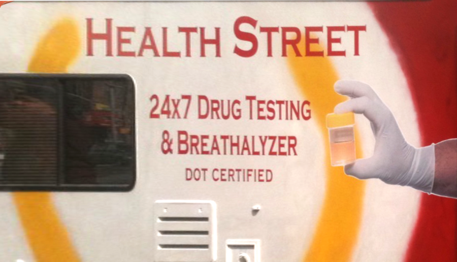 Mobile drug testing and breathalyzer service with a gloved hand holding a sample container, labeled Health Street.