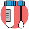 Illustration of a test tube and swab against a red circle background..