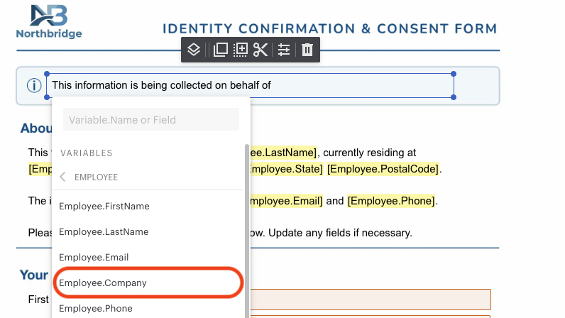 Variable Selector highlighted in GLASS eSign Template Editor.