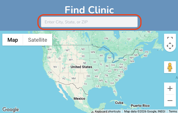 Map interface with search bar for finding clinics in the United States.