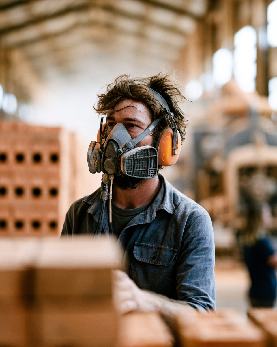 Worker Wearing Respirator Worker wearing a respirator and earmuffs in a brick factory, surrounded by stacks of bricks.