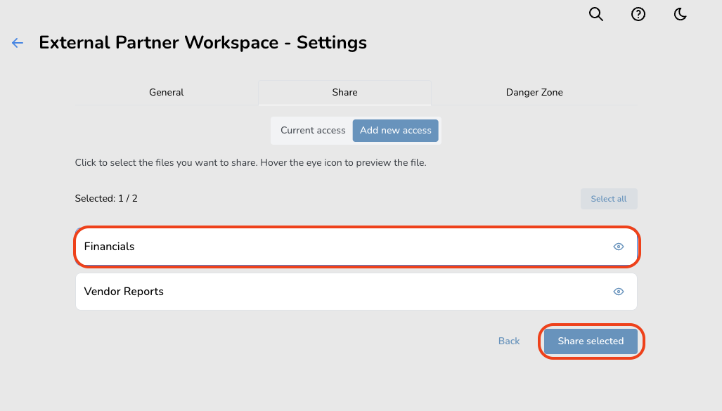 File Sharing Settings External Partner Workspace bucket settings screen showing file sharing options with 'Financials' selected and 'Share selected' button highlighted.