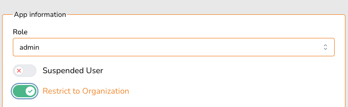 Restrict User to Organization Settings App information settings with restrict to organization toggle on.