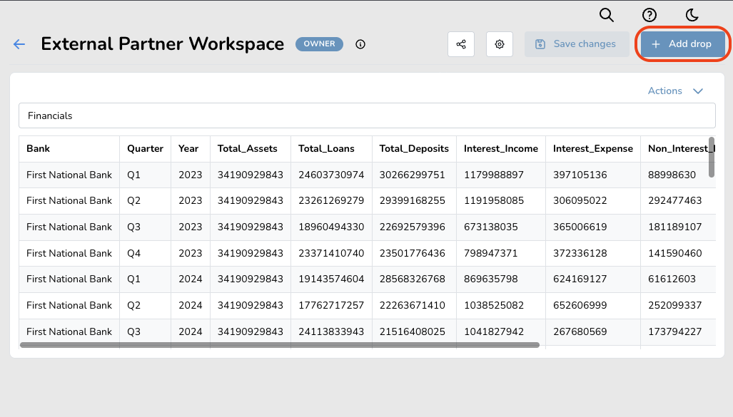 External Partner Workspace bucket showing a financial table with data from First National Bank, including columns for quarter, year, total assets, loans, deposits, interest income and expenses.