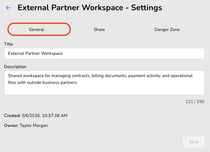 External Partner Workspace Settings Settings page for External Partner Workspace bucket showing tabs for General, Share, and Danger Zone with fields for title and description.