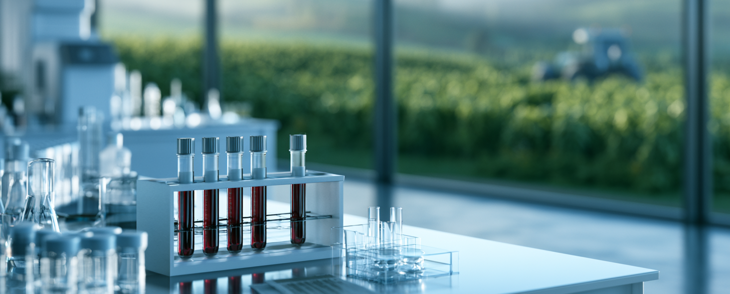 Blood specimen tubes and serum testing equipment in a modern laboratory overlooking a vineyard, representing cholinesterase blood testing for agricultural pesticide exposure monitoring.