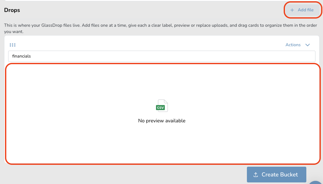 GlassDrop interface showing a CSV file labeled 'financials' with options to add files and create a bucket.