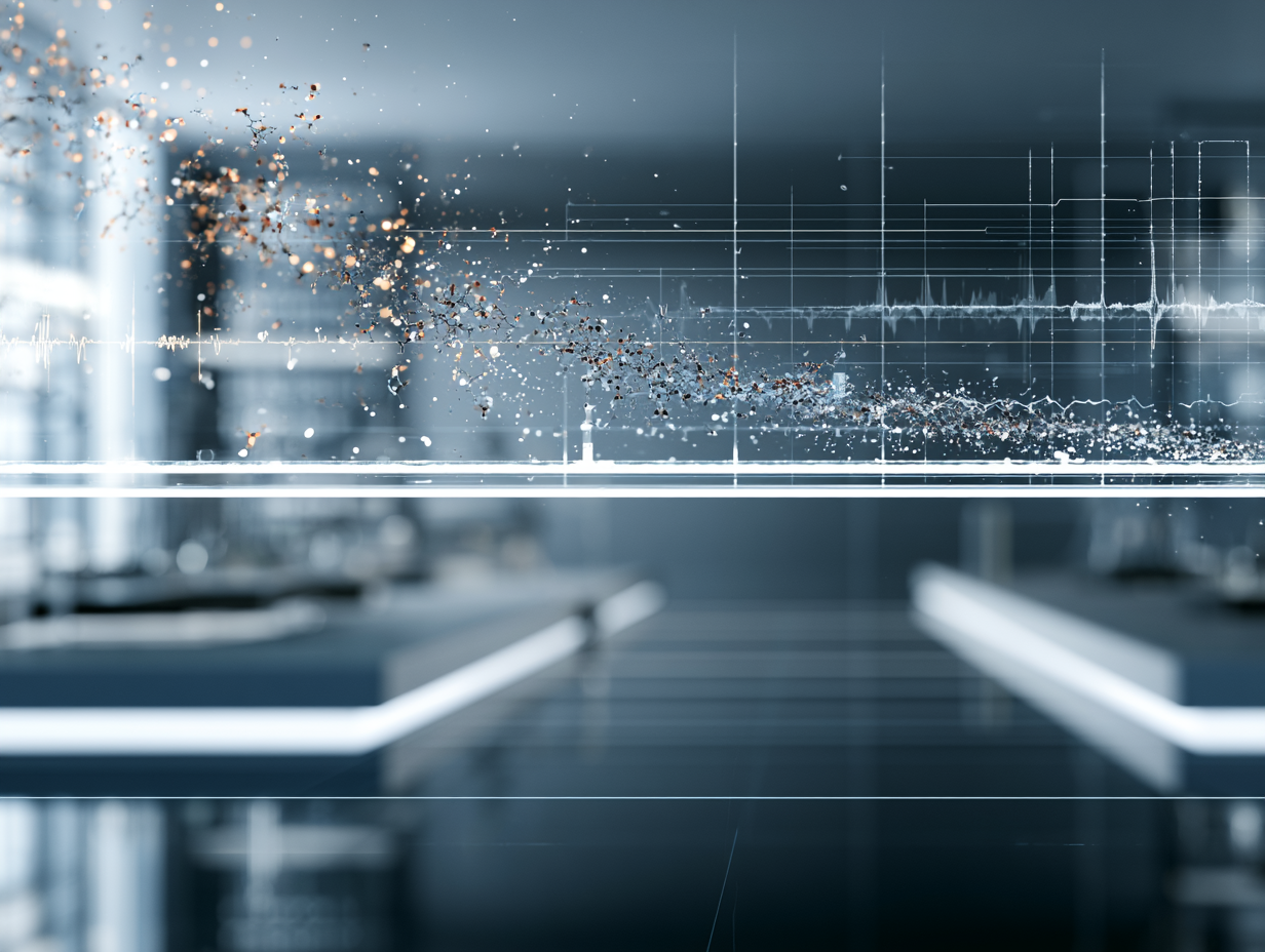 Abstract digital visualization with particles and data lines in a futuristic setting.