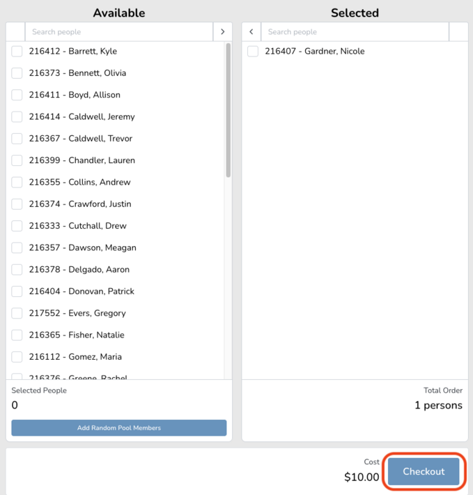 Interface showing a list of available and selected people with a checkout button highlighted.