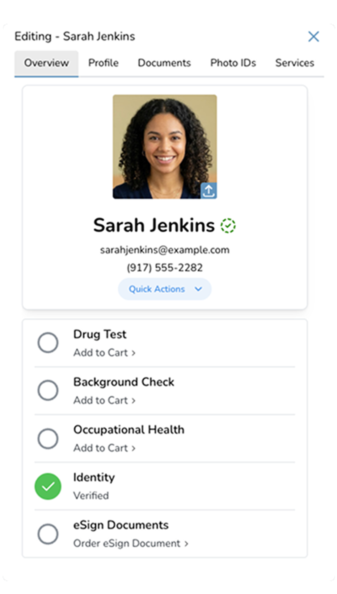 GLASS profile editing interface showing a woman's photo, name, email, phone number, and service options including drug test and background check.