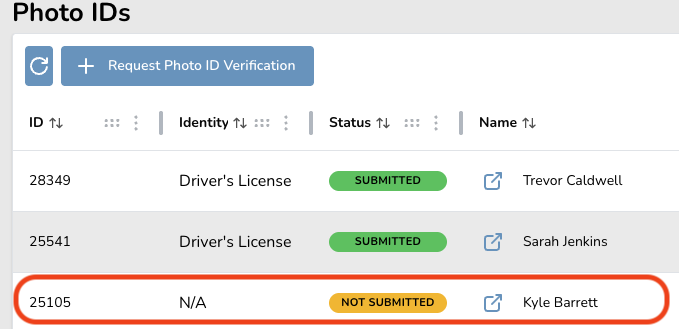 Screenshot of a photo ID verification list in GLASS showing three entries with IDs, identity types, submission statuses, and names. The third entry is highlighted in orange, indicating 'N/A' for identity type and 'Not Submitted' status for Kyle Barrett.