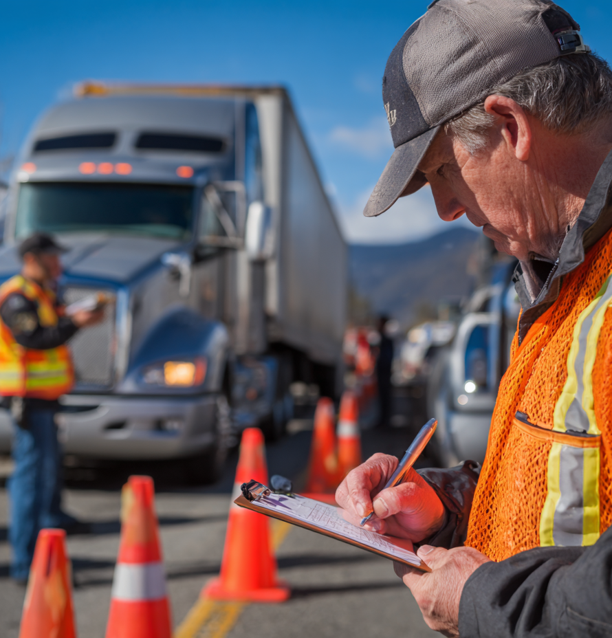 DOT Drug Test Requirements DOT employees standing outside by a truck and traffic cones.