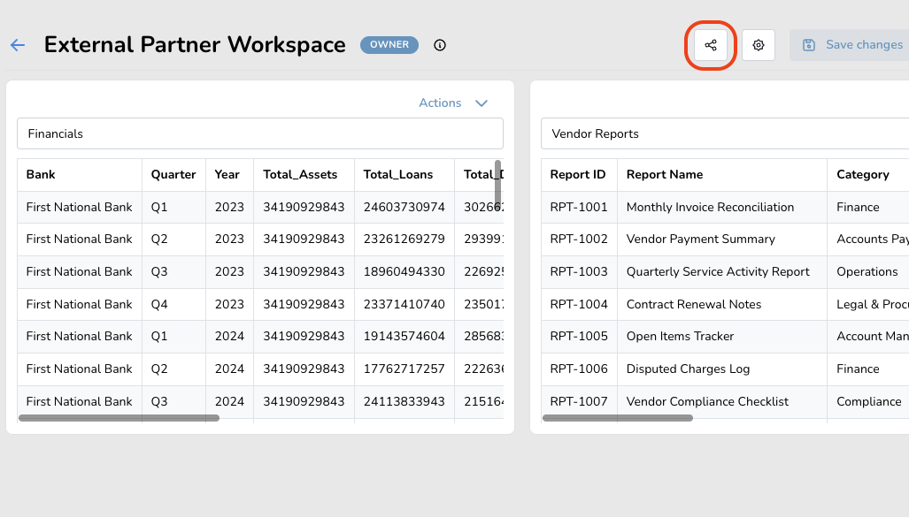 External Partner Workspace Bucket Bucket showing financial data and vendor reports.