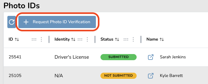Interface showing photo ID verification request button highlighted, with a list of IDs and their submission status.