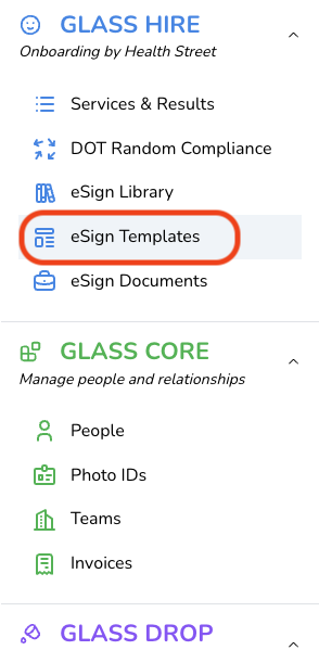 Navigation menu highlighting eSign Templates under Glass Hire section.