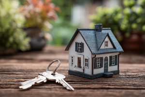 Miniature house model with keys on wooden table, surrounded by blurred greenery.