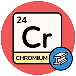Chromium element symbol with atomic number 24, featuring a steel icon on a red circular background.