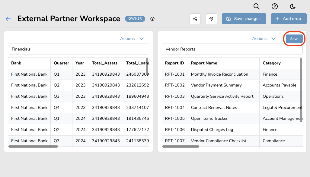 GLASS Bucket showing financial data and vendor reports with a highlighted Save button.