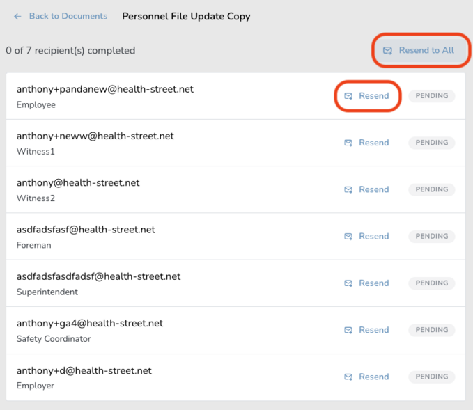 Email interface showing a list of recipients with options to resend messages individually or to all, marked as pending.