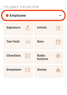 Form interface showing fillable fields including signature, initials, text field, date, checkbox, radio buttons, dropdown, and stamp.