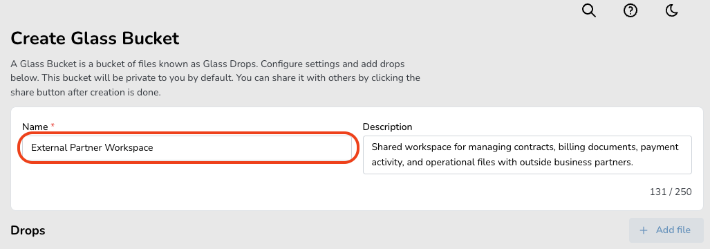 Interface for creating a GLASS Bucket, with fields for name and description. The name field is filled with 'External Partner Workspace', and the description mentions managing contracts and files with business partners.