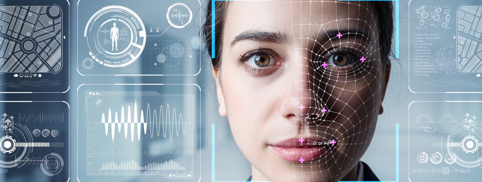 BioMetric Screening (Basic Height, Weight, Blood Pressure) Close-up of a woman's face with digital facial recognition overlay and futuristic interface elements.