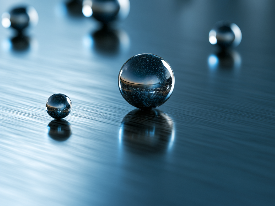 Liquid Mercury Droplets in Occupational Health Laboratory Close-up of reflective liquid mercury droplets on a stainless steel laboratory surface representing workplace mercury exposure monitoring and occupational health testing.