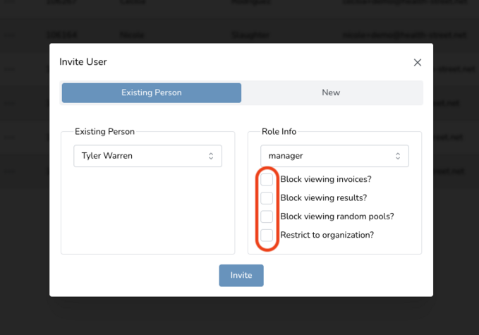 Invite User dialog box with options to select an existing person and assign a role, including checkboxes for blocking viewing permissions.