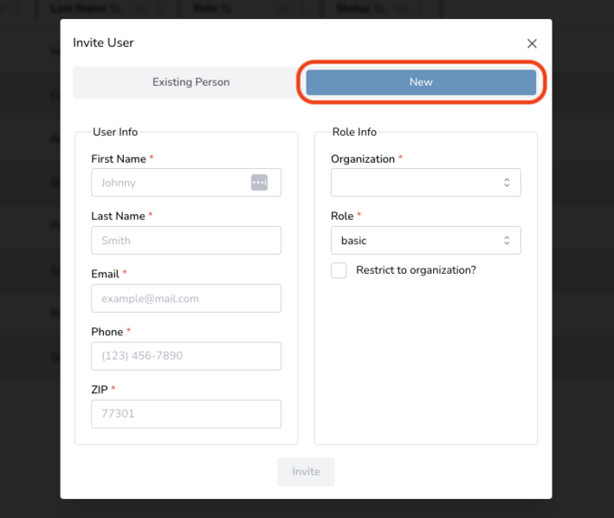 User invitation form with fields for first name, last name, email, phone, and ZIP code. Role information includes organization and role selection.