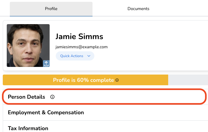 Profile page showing a person's photo, name, email, and profile completion status at 60%.