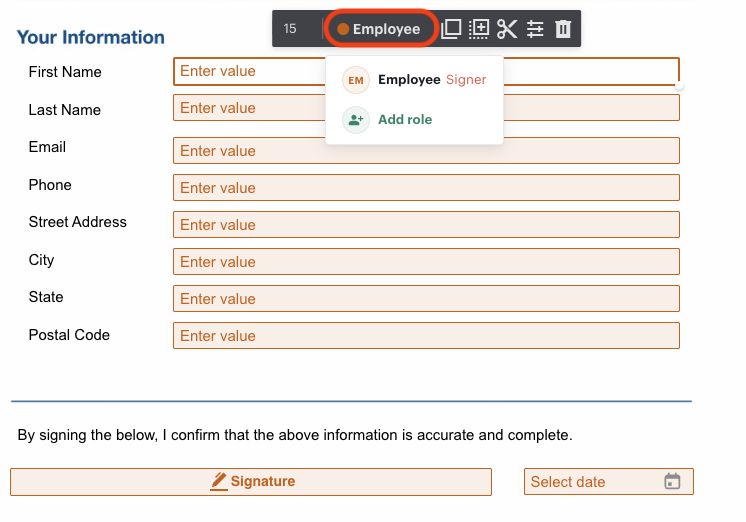 Form with fields for personal information including first name, last name, email, phone, address, city, state, and postal code. Signature section at the bottom. Employee 