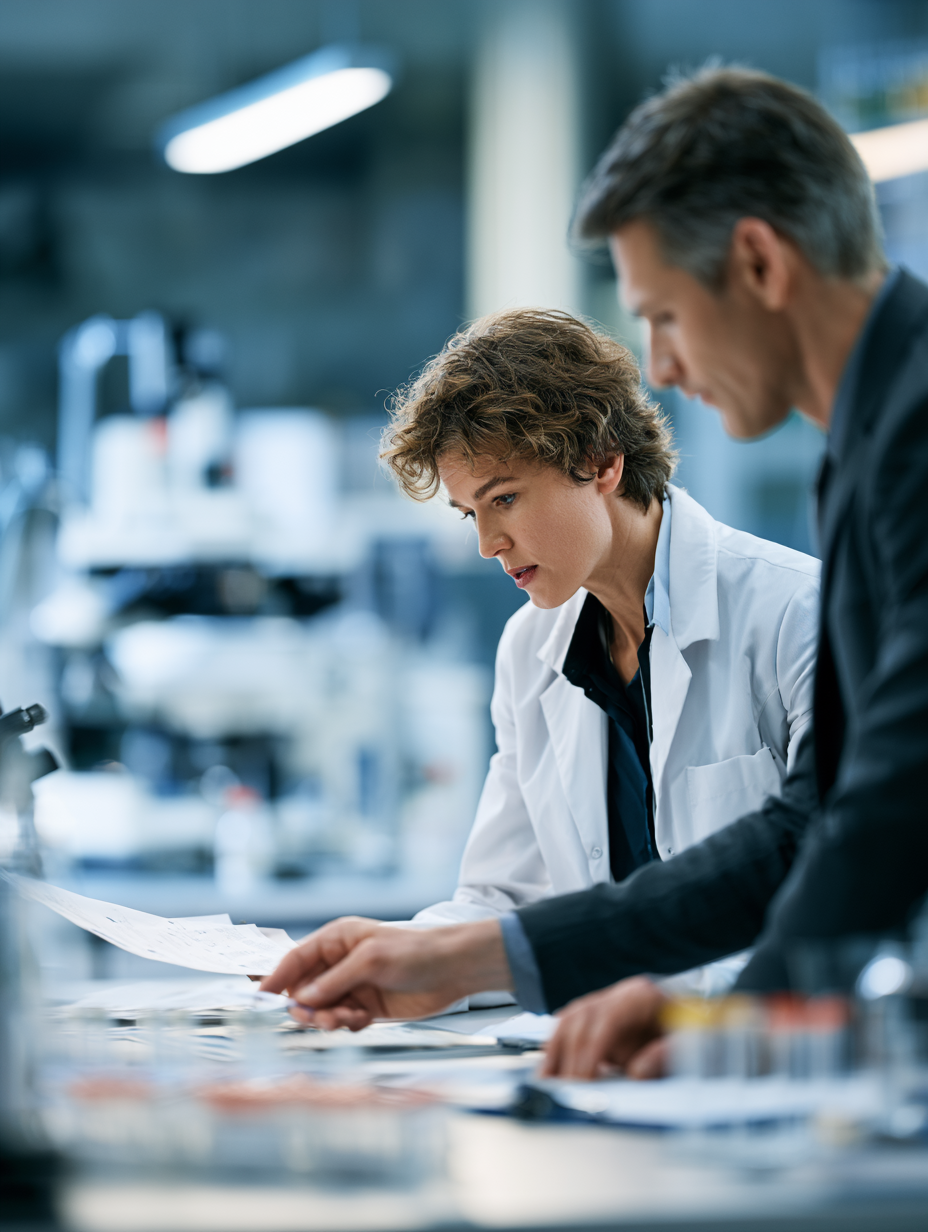 Scientists in Laboratory Two scientists reviewing documents in a laboratory setting.
