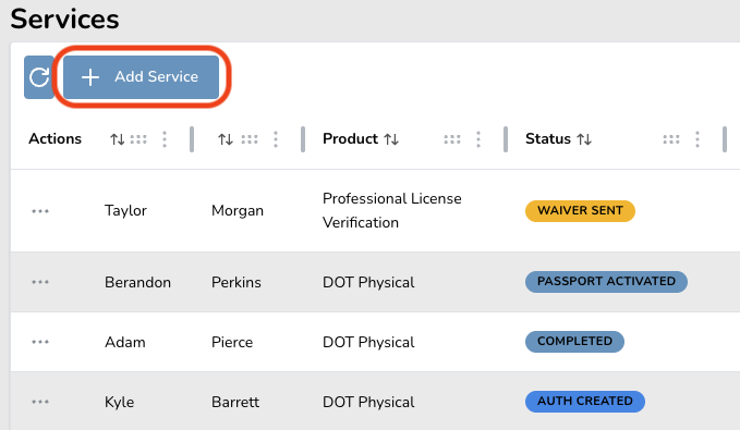 Service management interface with 'Add Service' button highlighted and a list of services including names, products, and status indicators.