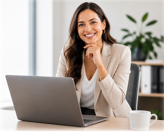 Smiling woman in a beige blazer sitting at a desk with a laptop and coffee mug, indoor office setting.
