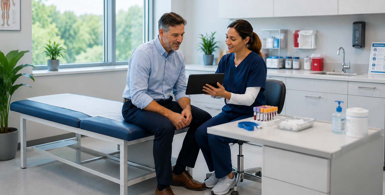 Basic Metabolic Panel (BMP) Blood Test Consultation at an Occupational Health Clinic Healthcare professional reviewing Basic Metabolic Panel (BMP) blood test information with an employee in a modern occupational health examination room after a routine blood draw.