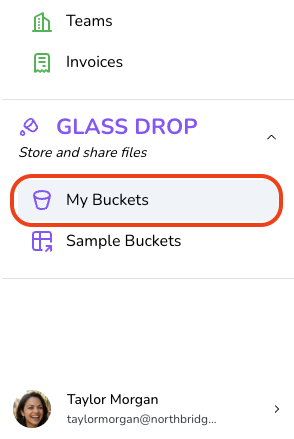 Navigation menu showing options for Teams, Invoices, and file storage with My Buckets highlighted.