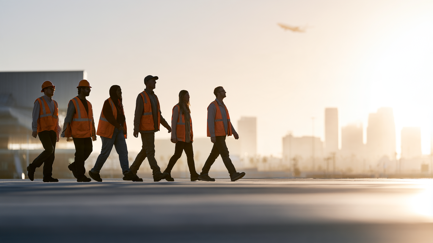 Occupational Health Tests - Inglewood, CA Group of construction workers in orange safety vests walking at a construction site with a city skyline and airplane in the background.