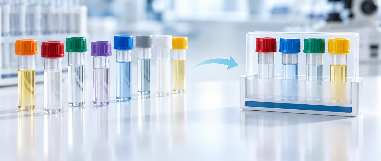 Create Your Own Drug Panel Colorful laboratory test tubes with different colored caps arranged on a table, with an arrow pointing to a rack holding four selected tubes.
