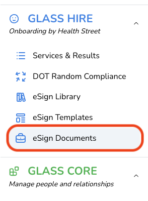 Navigation menu with options for Glass Hire and Glass Core, including eSign Documents highlighted.