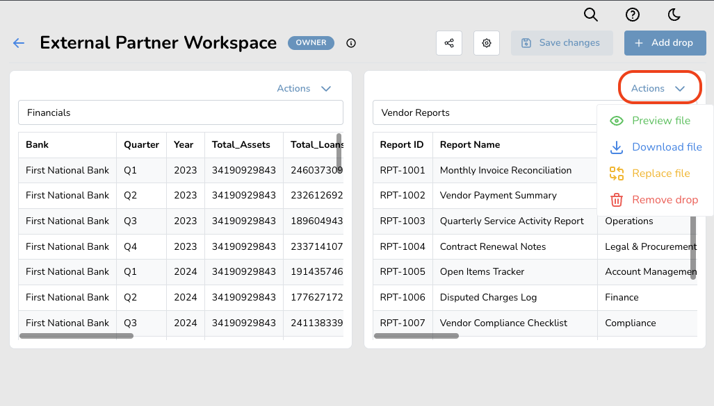External Partner Workspace Bucket View Bucket showing financial data and vendor reports. Financials section lists bank, quarter, year, total assets, and loans for First National Bank. Vendor Reports section includes report IDs and names like Monthly Invoice Reconciliation.