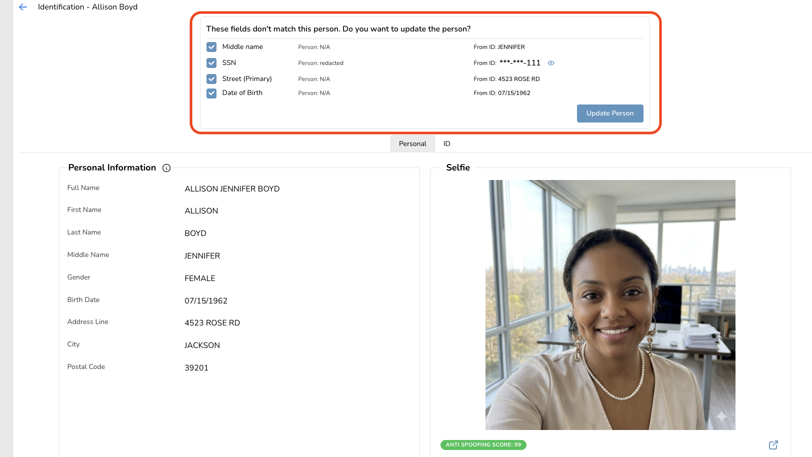 Profile Update Alert Profile update interface showing mismatched fields for middle name, SSN, street, and date of birth with a selfie on the right.