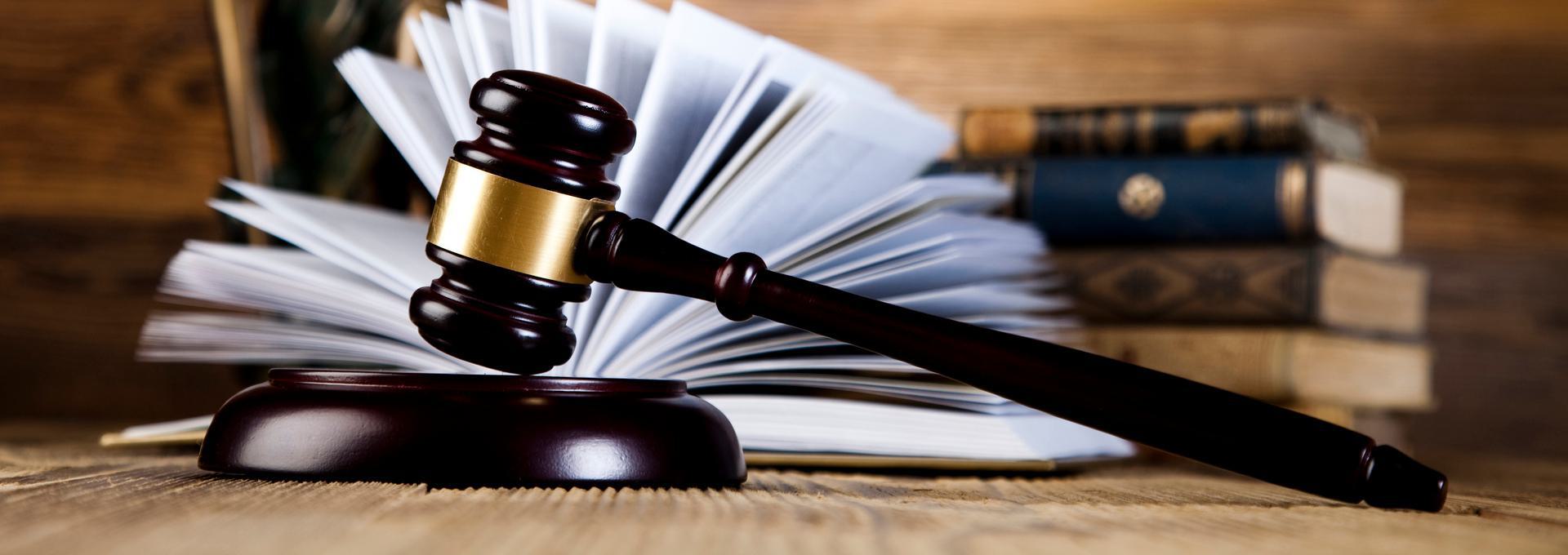 Wooden gavel resting on a sound block with open law books in the background.