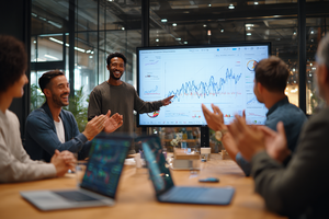 Business meeting with a presenter showing a graph on a screen, surrounded by colleagues applauding.