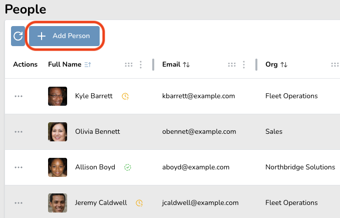 User interface showing a list of people with names, emails, and organizations. A button labeled 'Add Person' is highlighted.