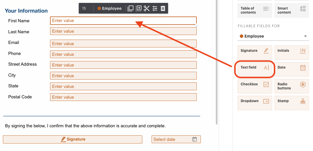 Form interface showing fields for personal information including first name, last name, email, phone, and address with a highlighted text field option.
